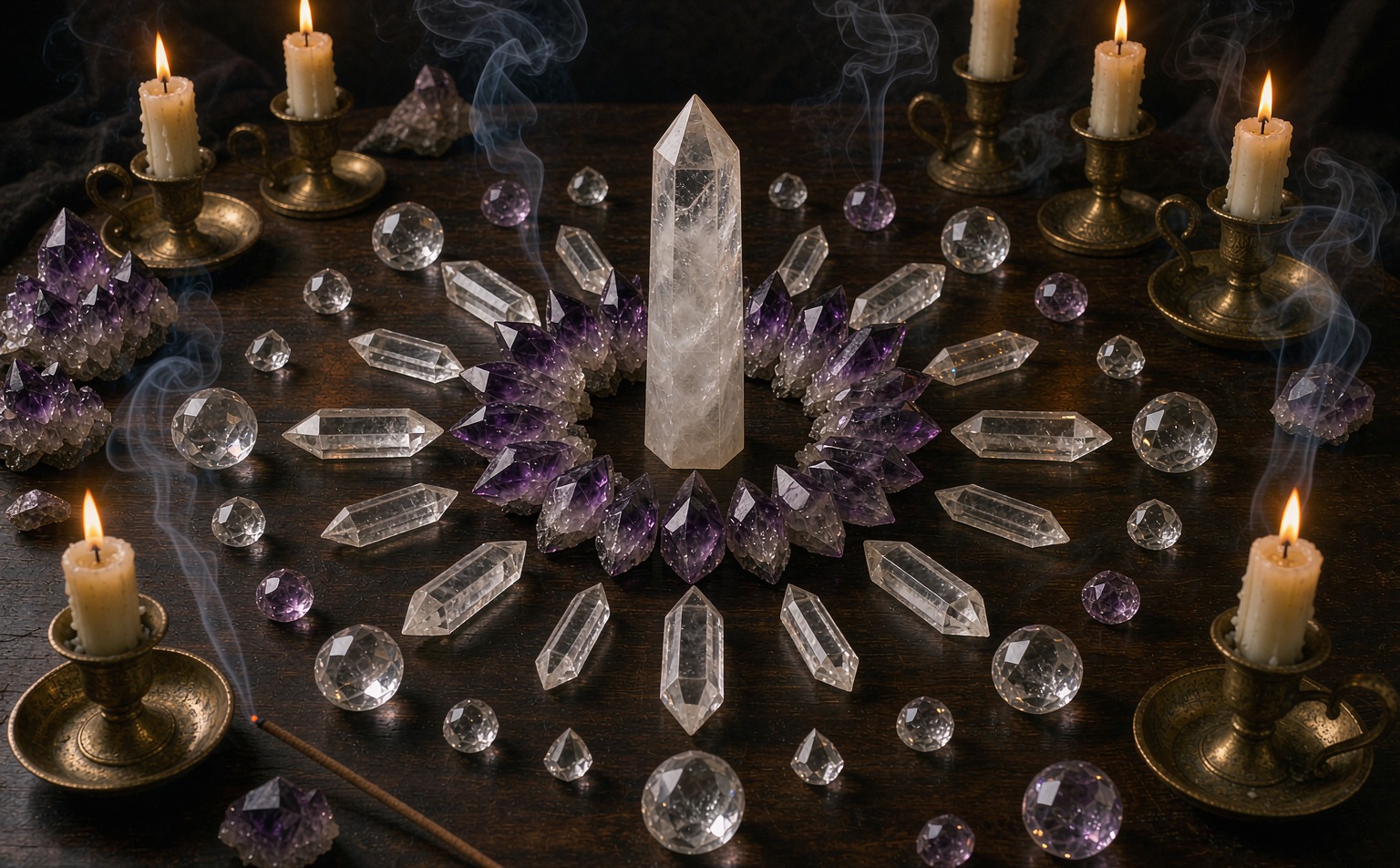 Crystal grid with candles and selenite tower