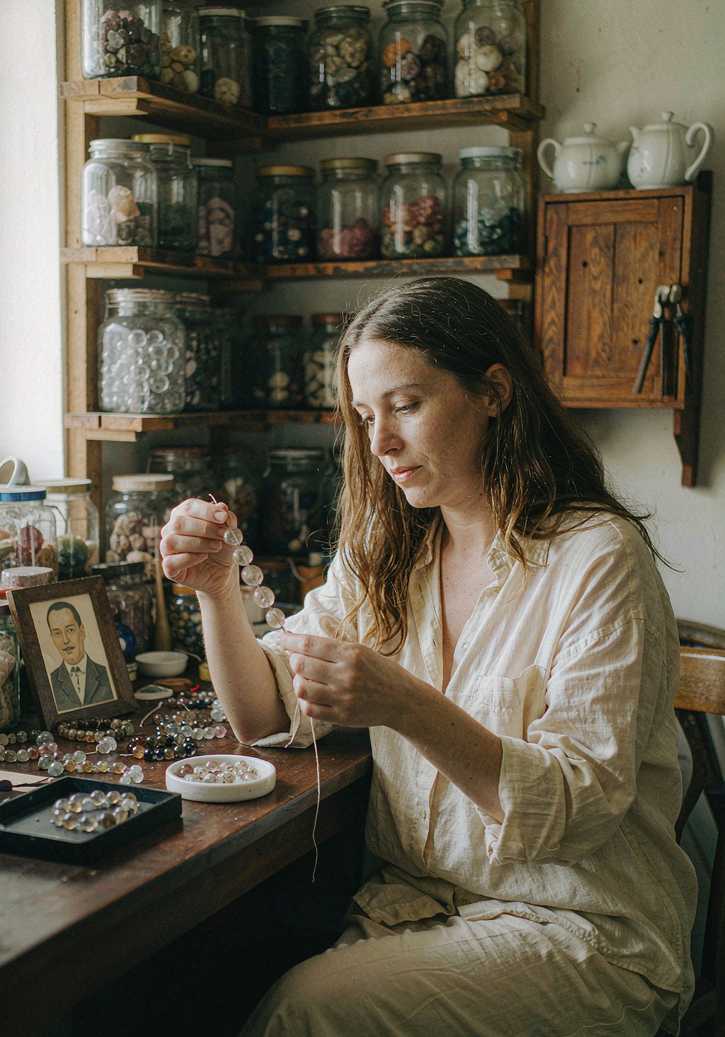 Founder hand-stringing a crystal bracelet at her workbench